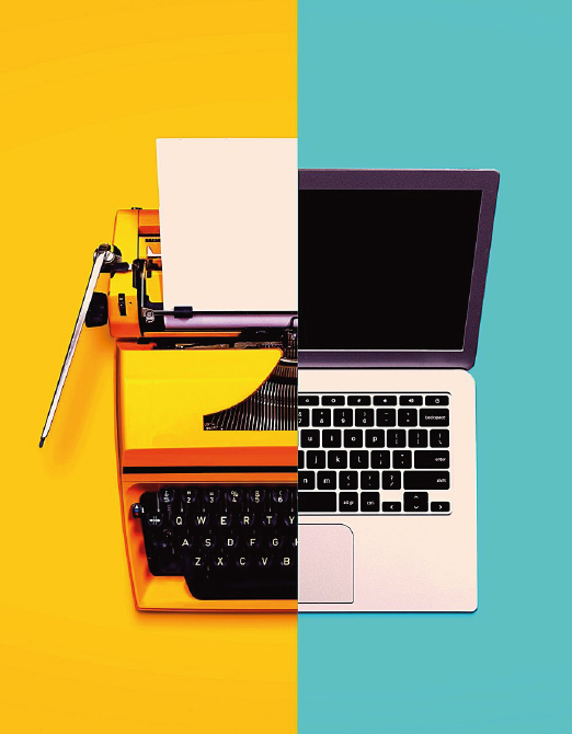 An image of a typewriter and a modern laptop